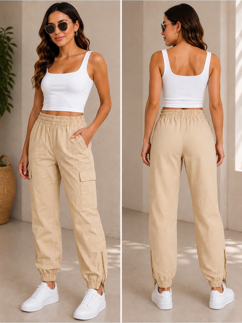 🩷. 2005-19. Women’s Beige Cargo Jogger Pants - Casual Elastic Waist Pants